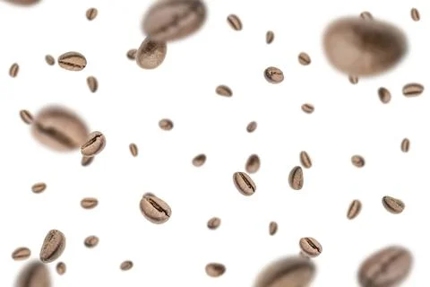 Coffee beans falling background. Black espresso coffee bean flying. Aromatic  库存照片