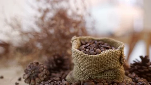 Coffee beans falling in to the Bag Stock Footage 108887543