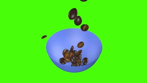 Coffee beans falling in the bowl, 3d animation green screen Stock Footage 158628388