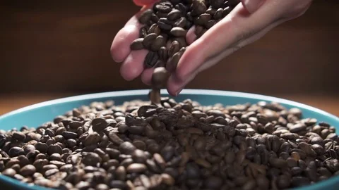 Coffee beans falling to ceramic plate from woman's hands, slow motion. Stock Footage 84037382