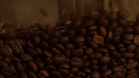 Coffee beans falling close up macro shot Slow Motion intro Stock Footage 102618381