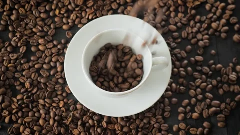 Coffee Beans falling down in a coffee cup Stock Footage 256167899