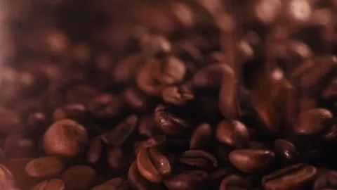 Coffee beans falling down. Macro shot of roasted and tasty coffee beans Video stock 151119996