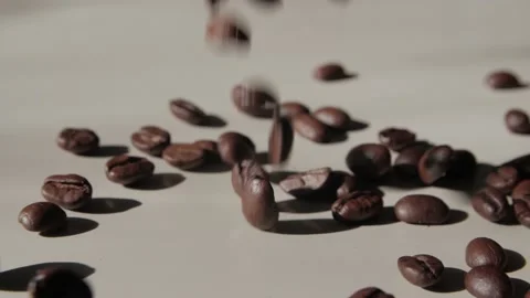 Coffee beans falling on a light  surface. Stock Footage 237194366