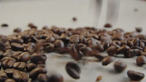 Coffee beans falling on a light  surface. Stock Footage 237194373