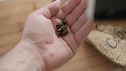 Coffee beans falling on man's hand Stock Footage 105272720