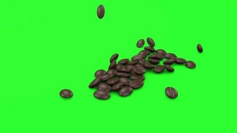 Coffee beans falling in a pile on a greenscreen. 3D animation. Stock Footage 303888795