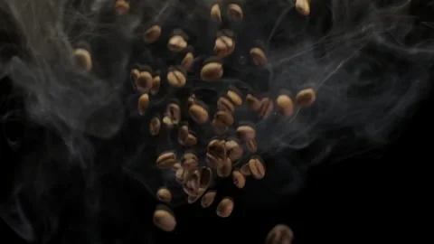 A Coffee Beans Falling in Slow Motion on Black Background With Smoke Stock Footage 146828161