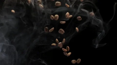 A Coffee Beans Falling in Slow Motion on Black Background With Smoke Stock Footage 146828191