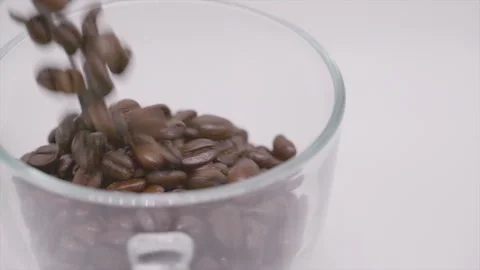 Coffee beans falling in slow motion into a glass cup Stock Footage 273173965