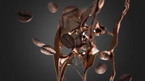 Coffee beans falling splash mockup, depth of field, black background Stock Illustration