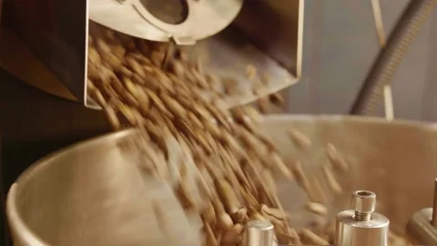 Coffee beans falling into steaming roasting machine Stock Footage 137731740