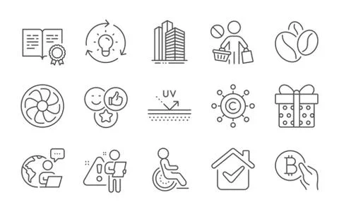 Coffee beans, Fan engine and Uv protection icons set. Stop shopping, Certificate Stock Illustration
