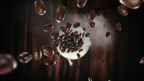 Coffee beans fly towards the camera Stock Footage 311278156