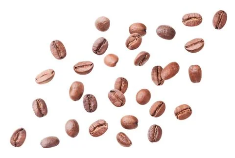 Coffee beans fly on a white background. Isolated Fotos Stock