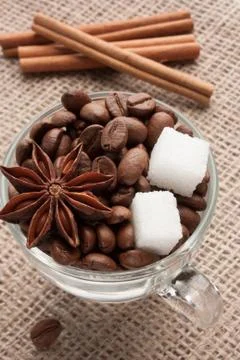 Coffee beans in glass cup with sugar and anise star. Stock Photos