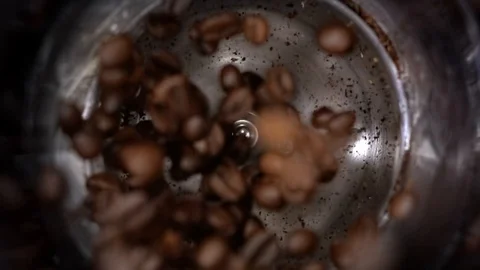 Coffee beans grind in a coffee grinder, barista prepare ingredients for work in Stock Footage 121613664