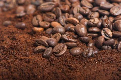 Coffee beans on ground coffee Stock Photos