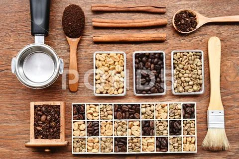 Coffee Beans With Ground Coffee In Wooden Spoon And Cinnamon