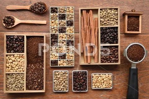 Coffee beans with ground coffee in wooden spoon and cinnamon Stock Photos