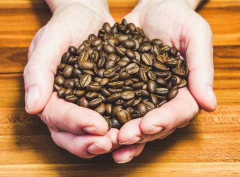 Coffee beans in hands Stock Photos