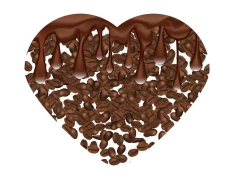 Coffee Beans Hart Shape with Drops of Melted Chocolate Isilated on White Ba.. Stock Illustration