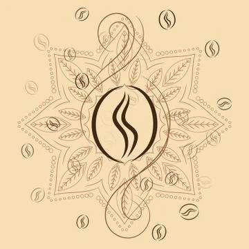 Coffee beans on henna mandala background print Stock Illustration