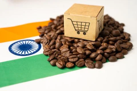 Coffee beans on India flag; import export drink food concept. Stock Photos