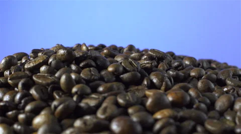Coffee Beans isolated rotating on blue background Video stock 62379294
