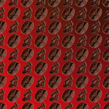 Coffee beans laid out in a pattern on a red and black background, wallpaper, Illustrazione stock