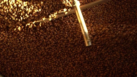 Coffee beans on a large roasting machine lit by sunshine Stock Footage 234627806
