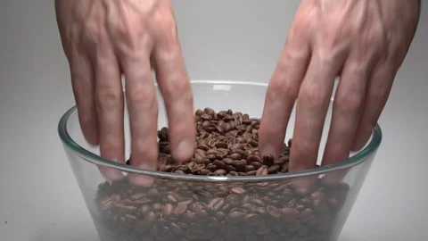 Coffee beans in a large transparent cup. Men's hands go down through the grains Stock Footage 123093380