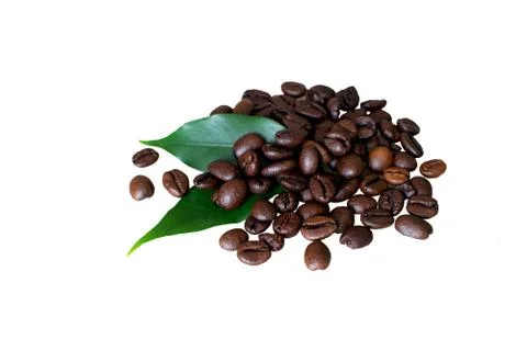 Coffee beans with leaf isolated on white background. Stock Photos