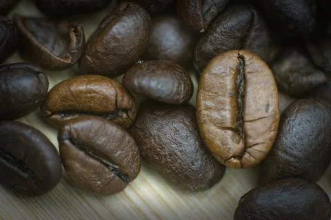 Coffee beans lying on the kitchen counter Stock Photos