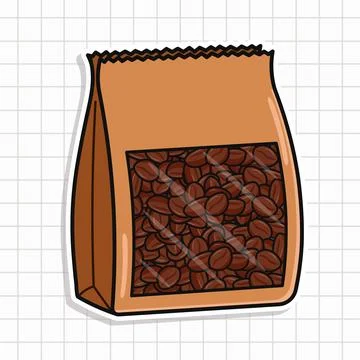 Coffee beans in paper bag packaging sticker drawing Stock Illustration