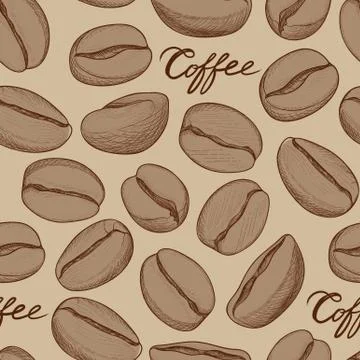 Coffee beans pattern. Hot drink coffee sketch drawn background Stock Illustration