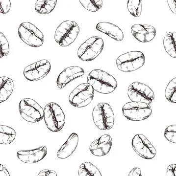 Coffee beans pattern. Seamless print of hand drawn roasted Arabica various seeds 库存插图