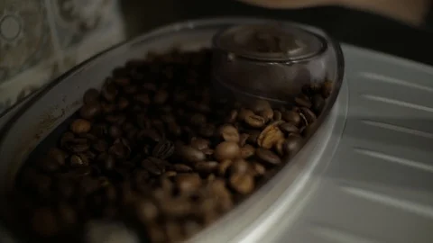 Coffee beans poured into a coffee machine Stock Footage 98808787