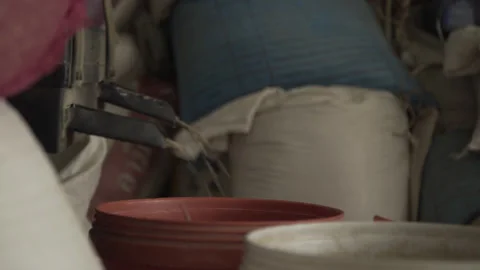 Coffee Beans Pouring From Chute Into Red Bin Thailand Coffee Mill Stock Footage 336321095