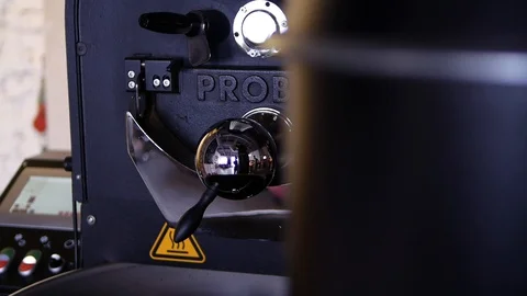 Coffee beans, probat, roasting, roaster, side view, roasted, coffee Stock Footage 129782751