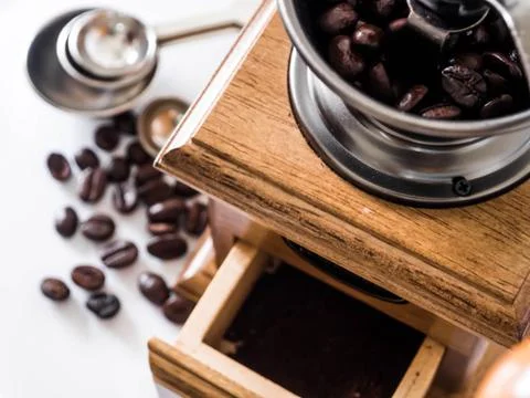 Coffee beans ready with diff coffee grinder Stock Photos
