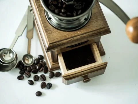 Coffee beans ready with diff coffee grinder Stock Photos