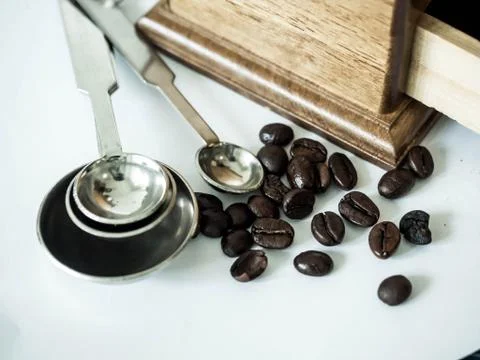 Coffee beans ready with diff coffee grinder Stock Photos