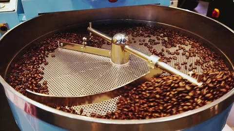 Coffee beans in roast machine. Fragrant coffee beans are roasted, hot aroma coff 스톡 동영상 246502748