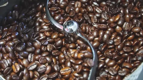 Coffee beans in roast machine. Fragrant coffee beans are roasted, hot aroma coff 스톡 동영상 272331220