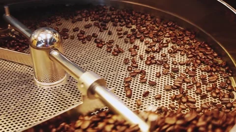 Coffee beans in roast machine. Fragrant coffee beans are roasted, hot aroma coff 스톡 동영상 272331568
