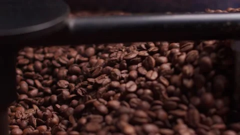 Coffee beans roasted in the coldest part of the roasting machine Stock Footage 199473282