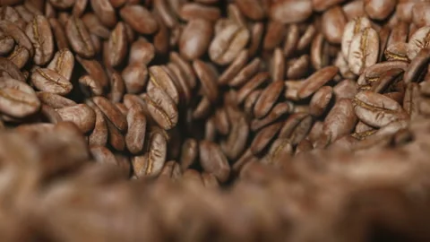 Coffee beans roasted in grinder falling into the interior of the machine Stockbeeldmateriaal 163266579