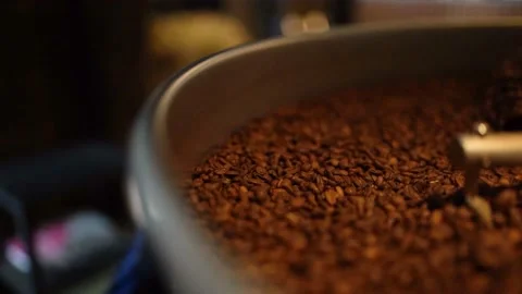 Coffee Beans In The Roasting Machine. Selective Focus 4k  Slow Motion Stock Footage 180454976