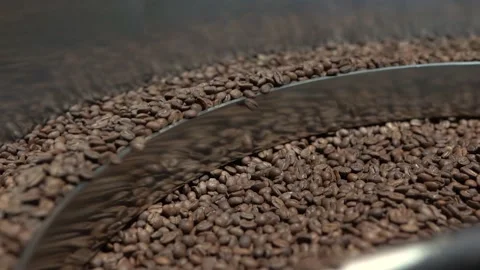 Coffee Beans In The Roasting Machine. Selective Focus 4k Slow Motion Video stock 181042785